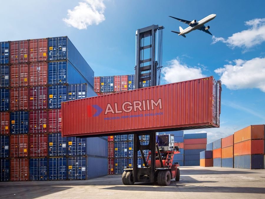 Shipping container being moved at a port